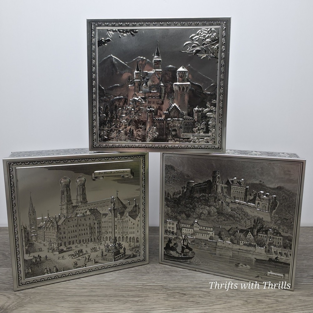 (3) Vintage Embossed Tins Depicting Schloss Neuschwanstein, Heidelberg, & Munich